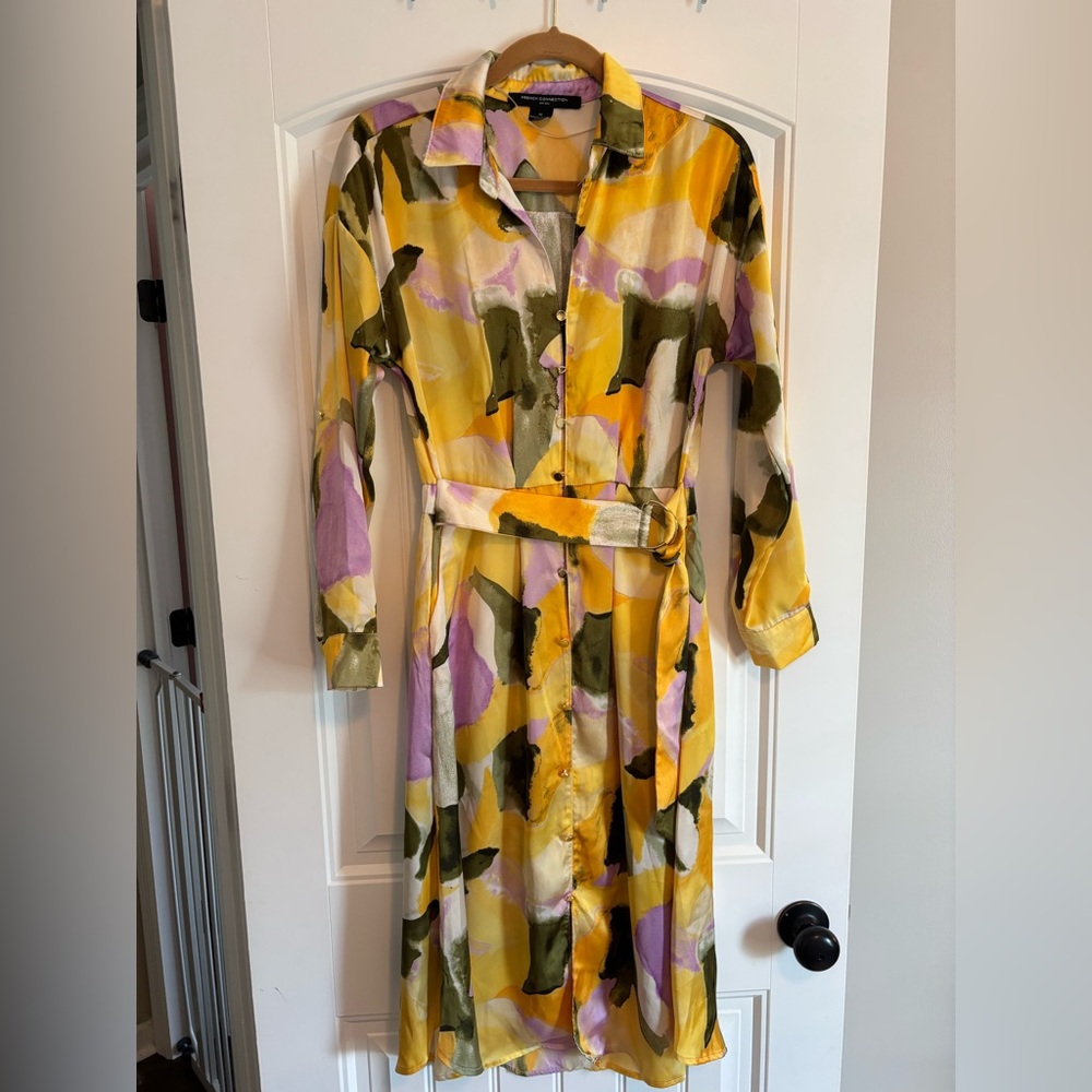 NWOT French Connection  Abstract Watercolor Belted Satin Shirt Dress - M and XL - Picture 3 of 11
